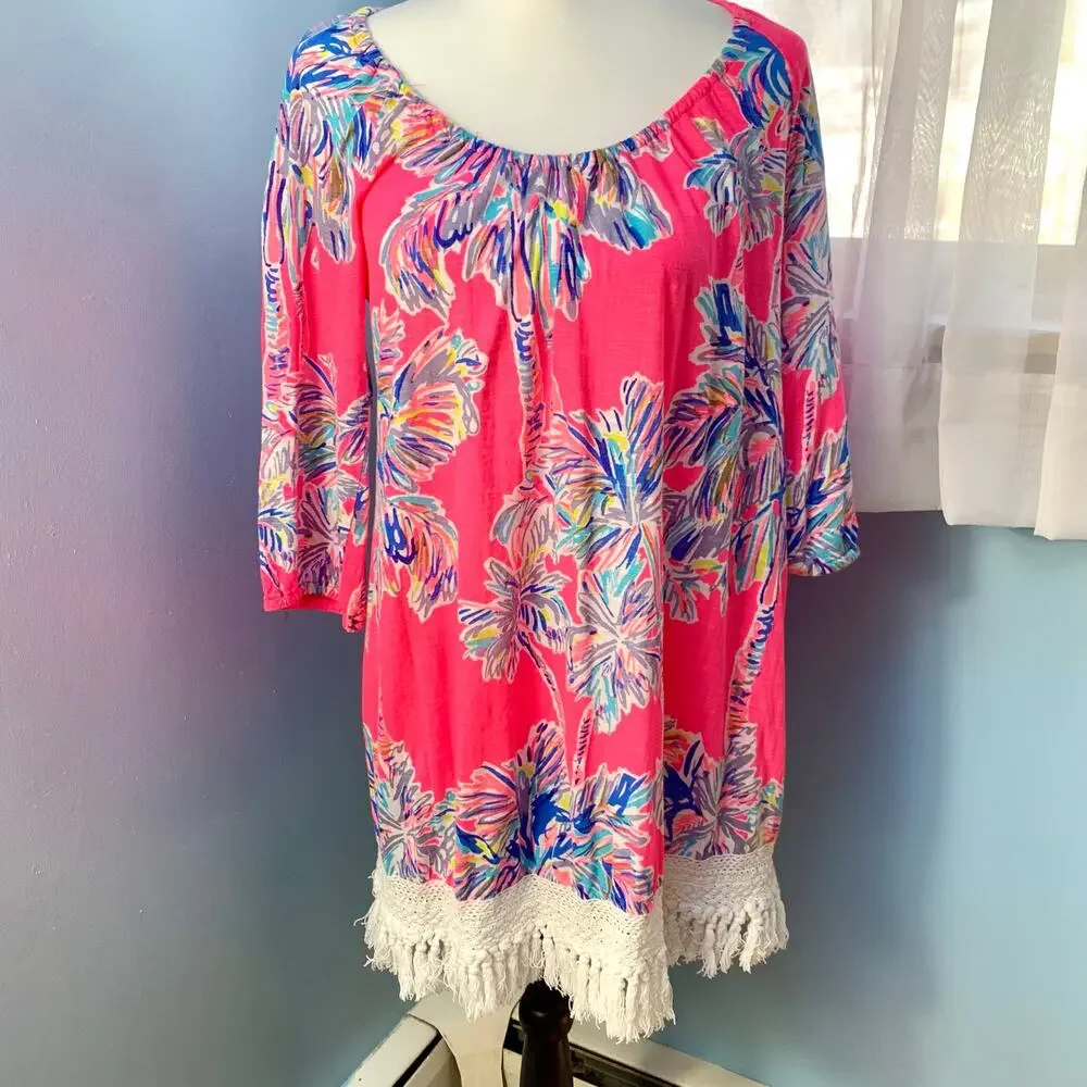 Lilly Pulitzer Alia Beach Cover-up Dress in Flamingo Pink Nice Stems Size Small - Picture 2 of 11